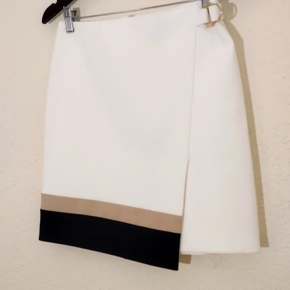 White House Black Market Ivory Tan Black Color Block Wrap Pencil Skirt - Picture 6 of 10
